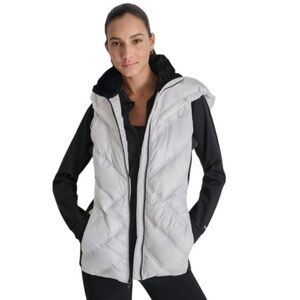 DKNY Sport Faux Fur Quilted Hooded Vest size Small optic white